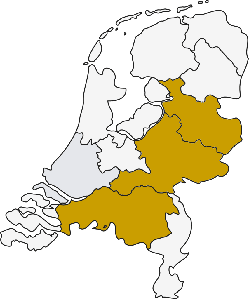 Kaart van Nederland met het werkgebied van G.G. Traprenovatie in Noord-Brabant, Overijssel en Gelderland